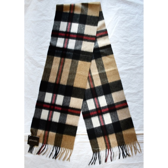 PHENIX NWT UNISEX PLAID PRINT CASHMERE FRINGE TRIM CAMEL MULTI SCARF. 70X10.5.in - Picture 2 of 4